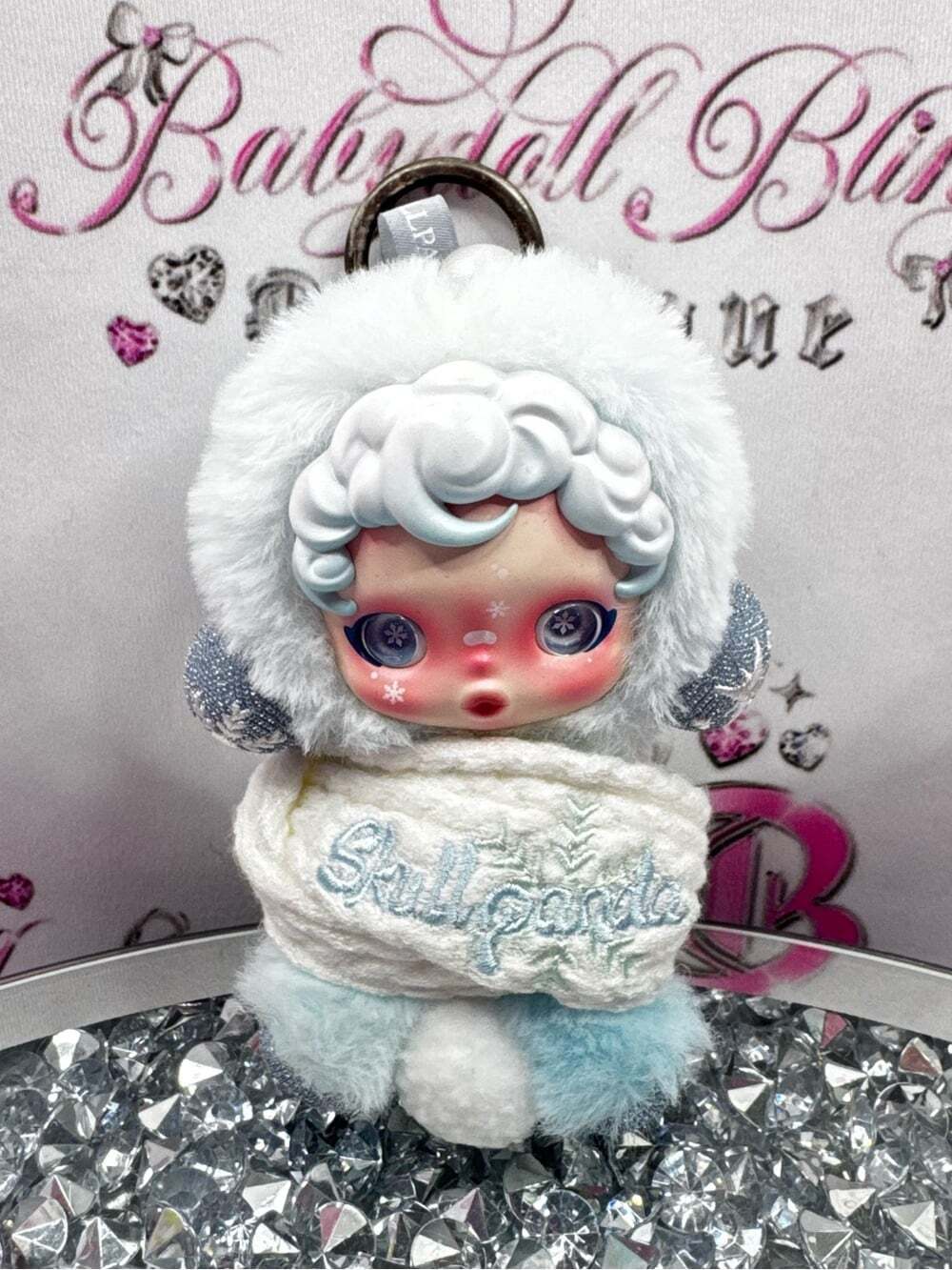 SKULL PANDA POP MART winter Plush Keychain Snow Doll - White & Light Blue